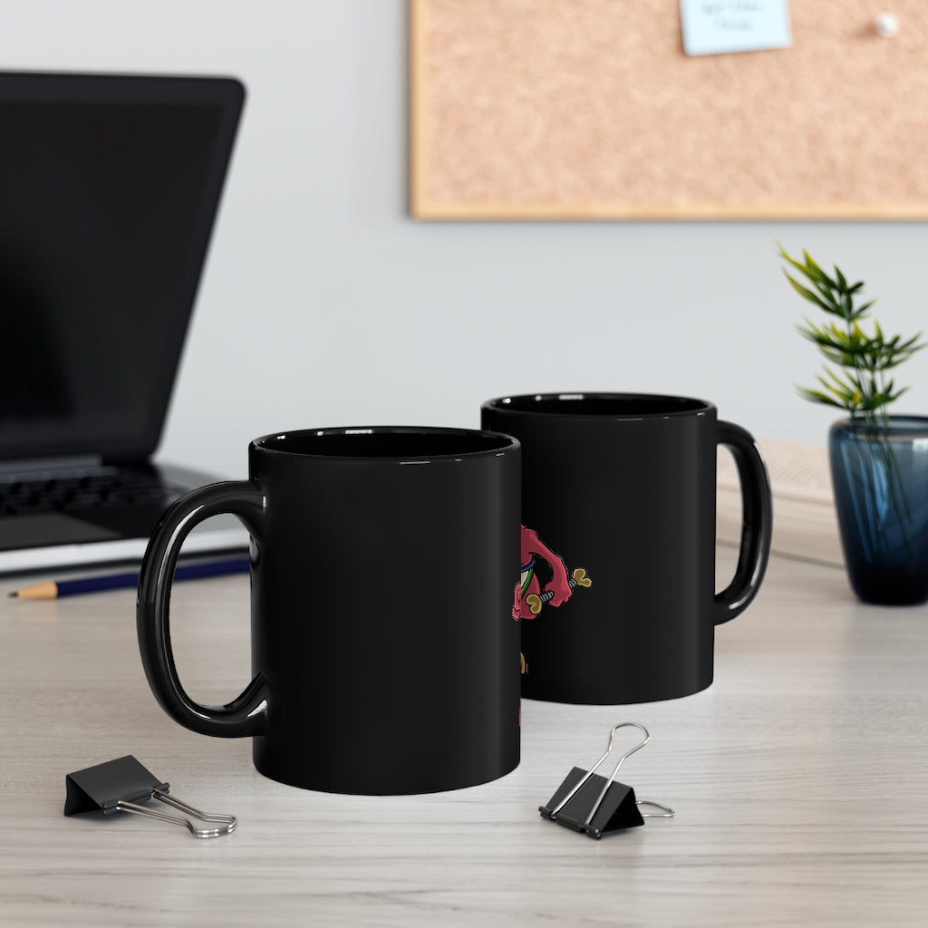 Bonegar 11oz black ceramic mug with a C-handle, perfect for coffee, tea, or hot chocolate, showcasing customizable designs.