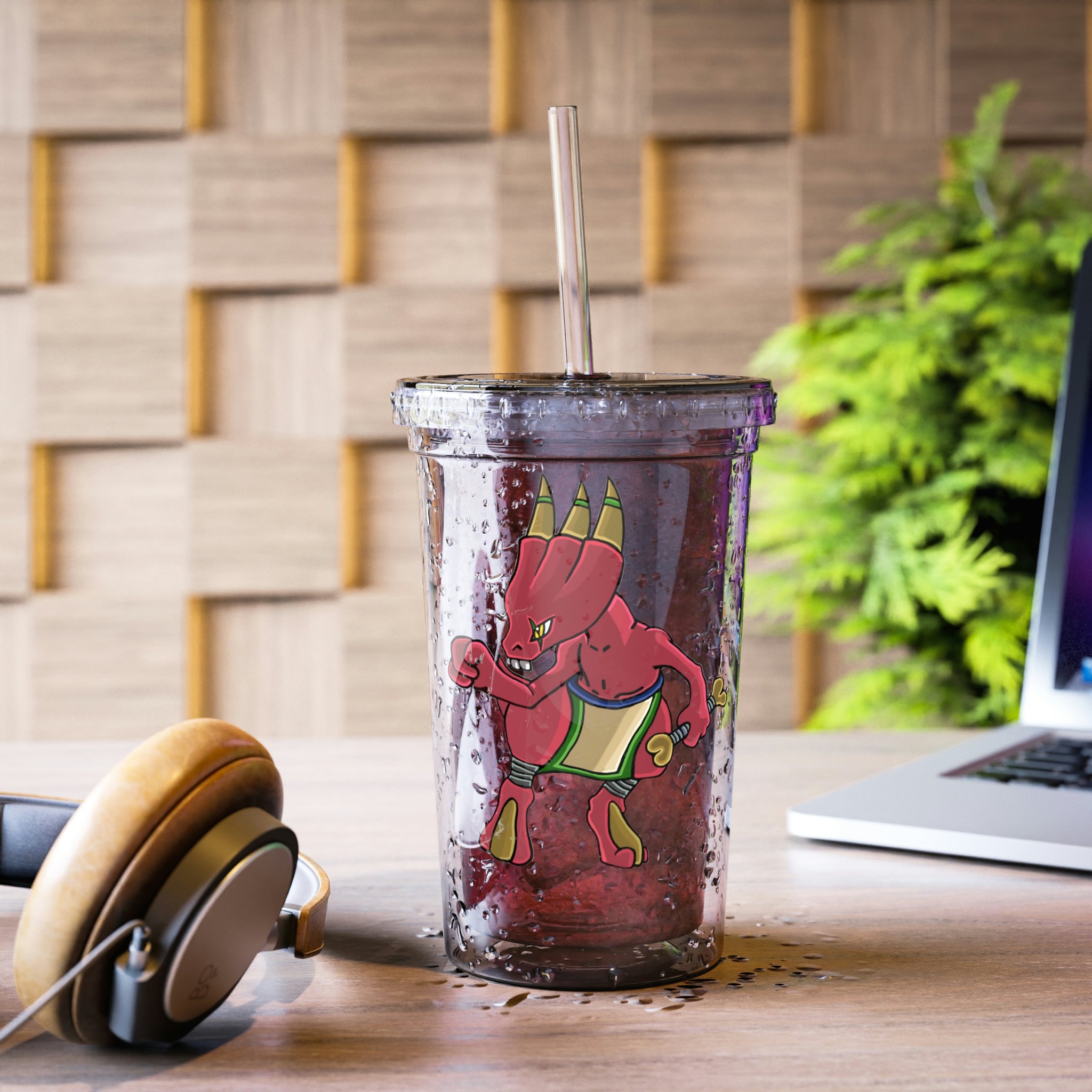 Bonegar Suave Acrylic Cup with double-wall insulation, featuring a vibrant customizable design and a plastic lid with a straw.