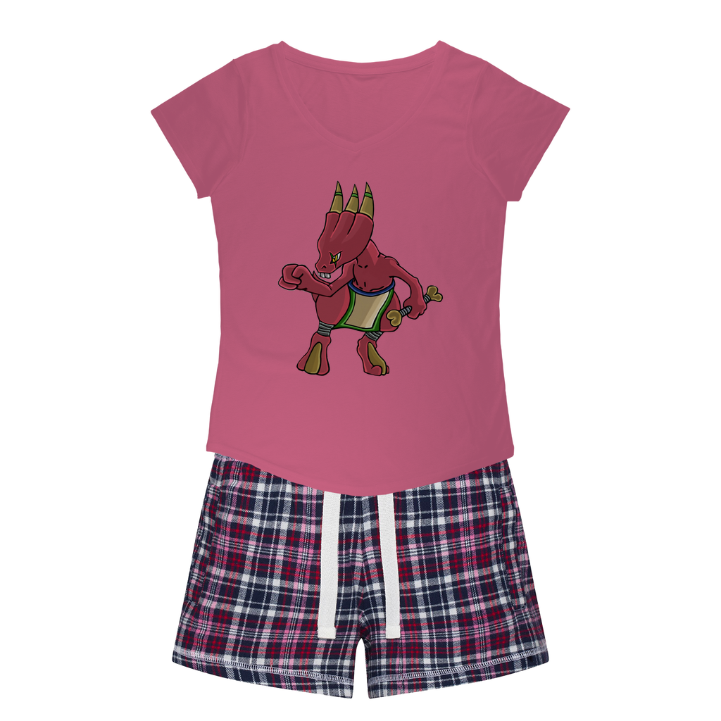 Bonegar Women's Sleepy Tee and Flannel Short set featuring a relaxed fit T-shirt with a soft v-neckline and colorful flannel shorts.