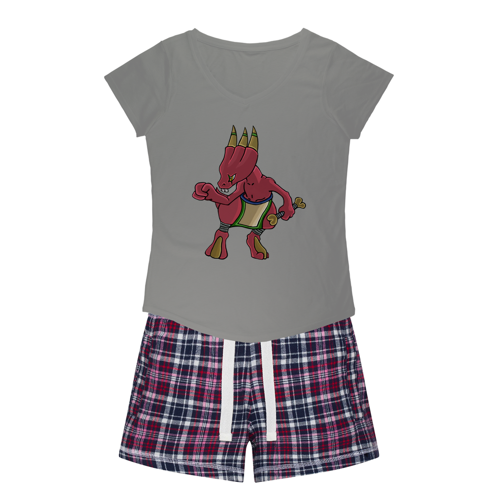 Bonegar Women's Sleepy Tee and Flannel Short set featuring a relaxed fit T-shirt with a soft v-neckline and colorful flannel shorts.