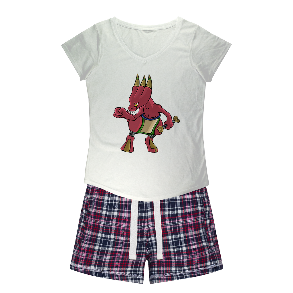 Bonegar Women's Sleepy Tee and Flannel Short set featuring a relaxed fit T-shirt with a soft v-neckline and colorful flannel shorts.