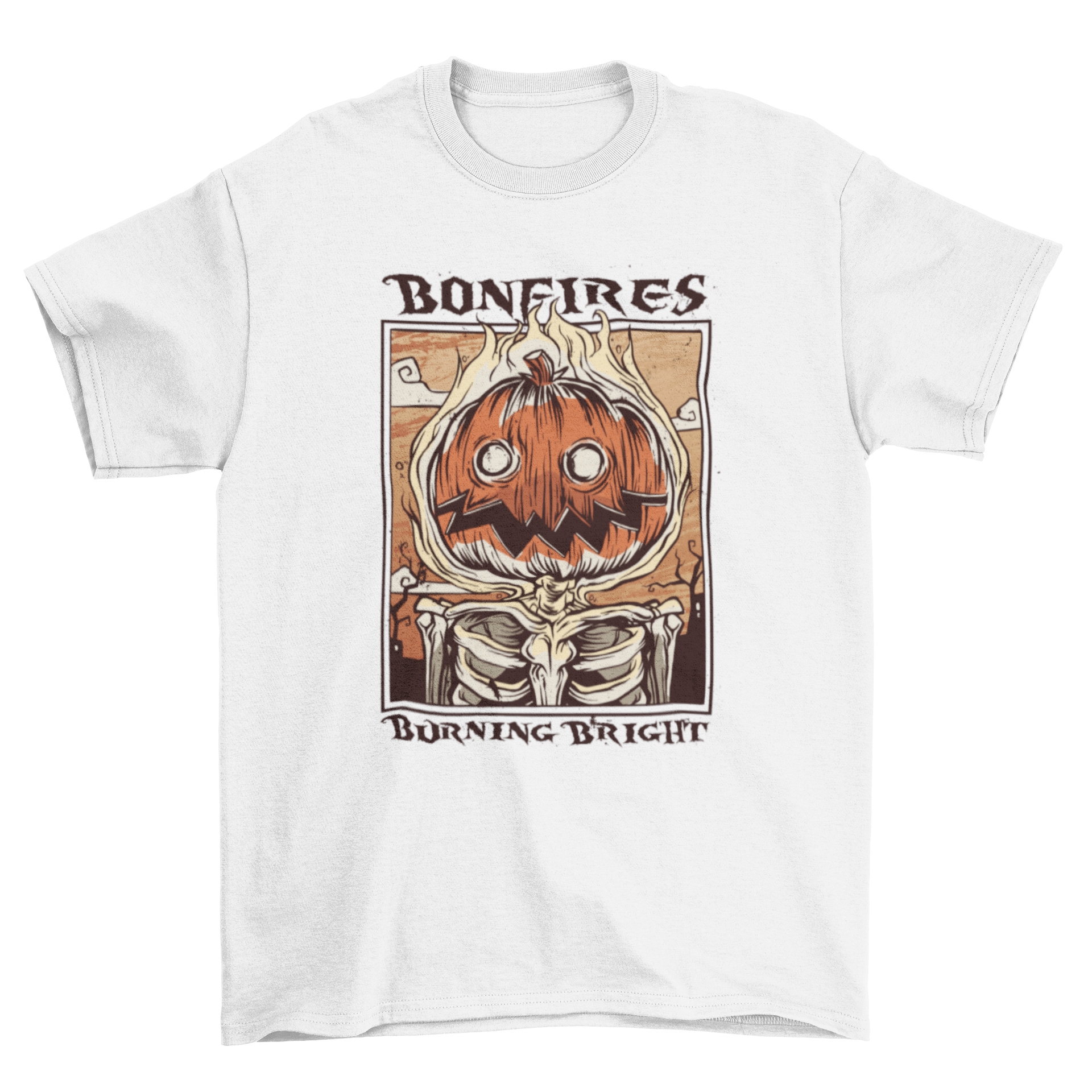 A Halloween t-shirt featuring a fiery pumpkin illustration with the quote 'Bonfires burning bright'.