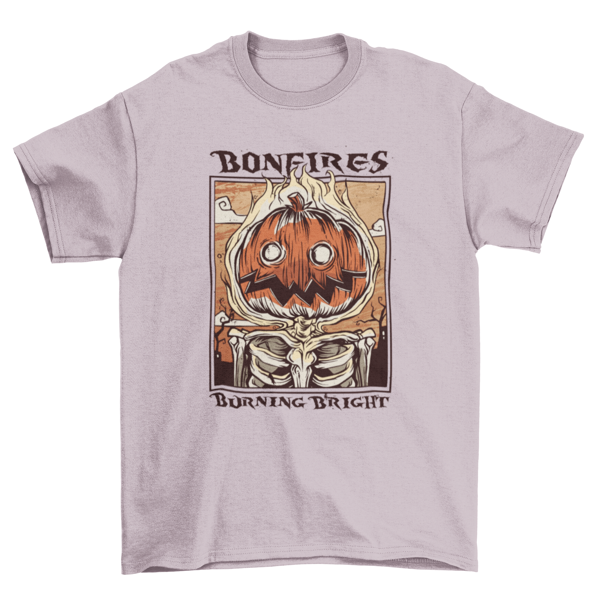 A Halloween t-shirt featuring a fiery pumpkin illustration with the quote 'Bonfires burning bright'.