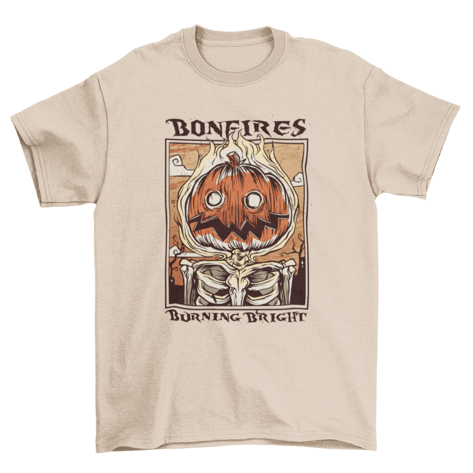 A Halloween t-shirt featuring a fiery pumpkin illustration with the quote 'Bonfires burning bright'.