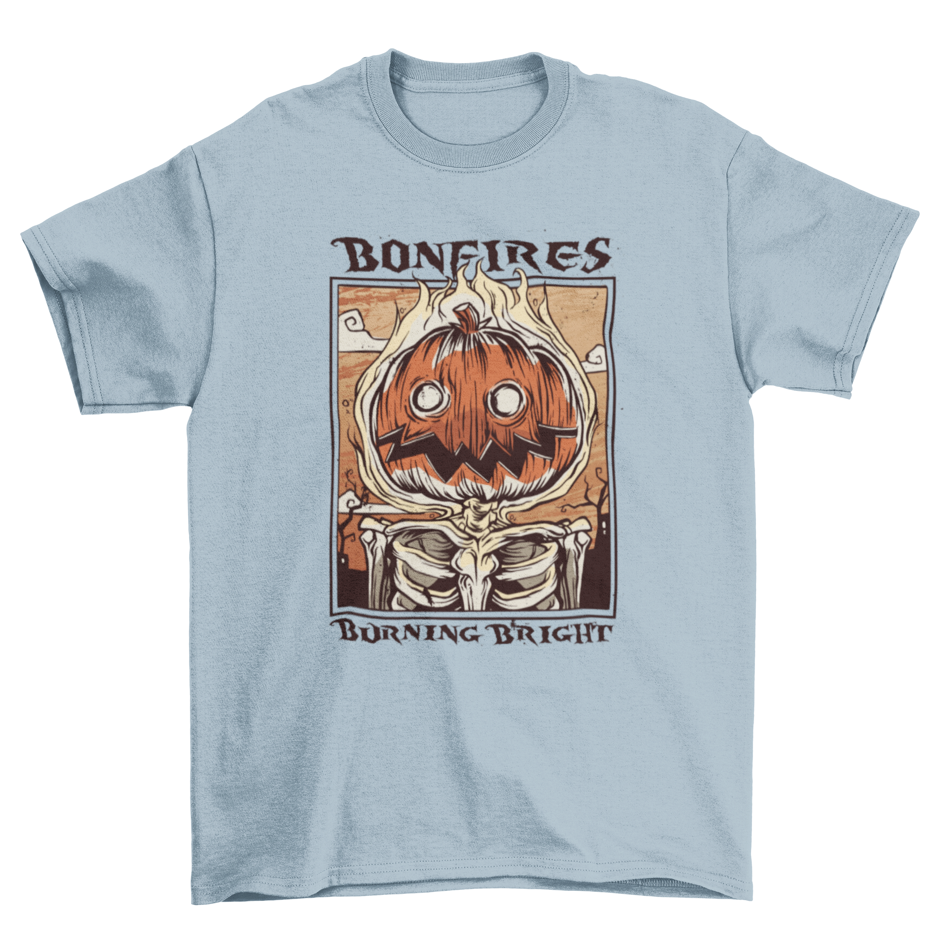 A Halloween t-shirt featuring a fiery pumpkin illustration with the quote 'Bonfires burning bright'.