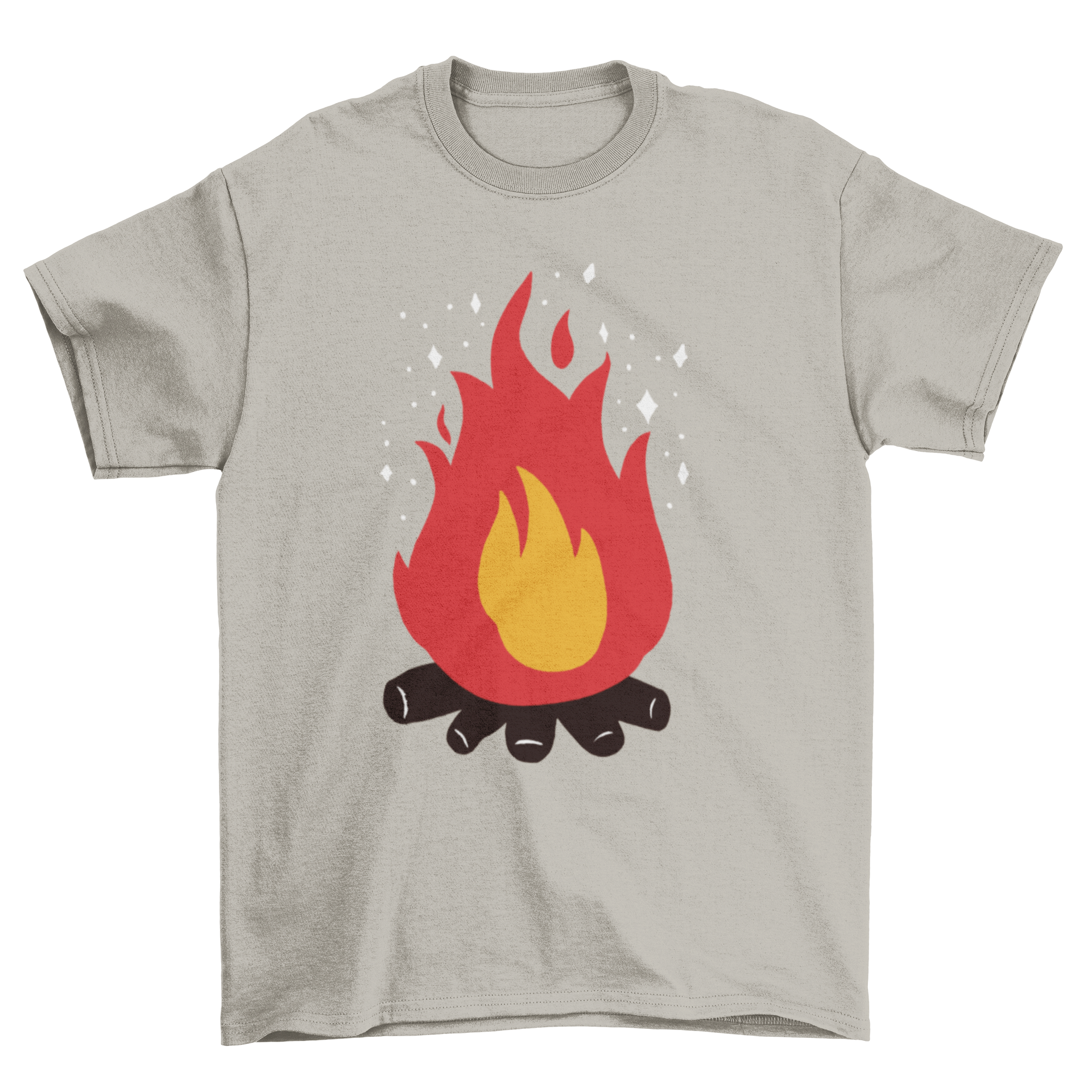 A stylish Bonfire t-shirt featuring a vibrant illustration of a bonfire with sparkles, perfect for outdoor gatherings.