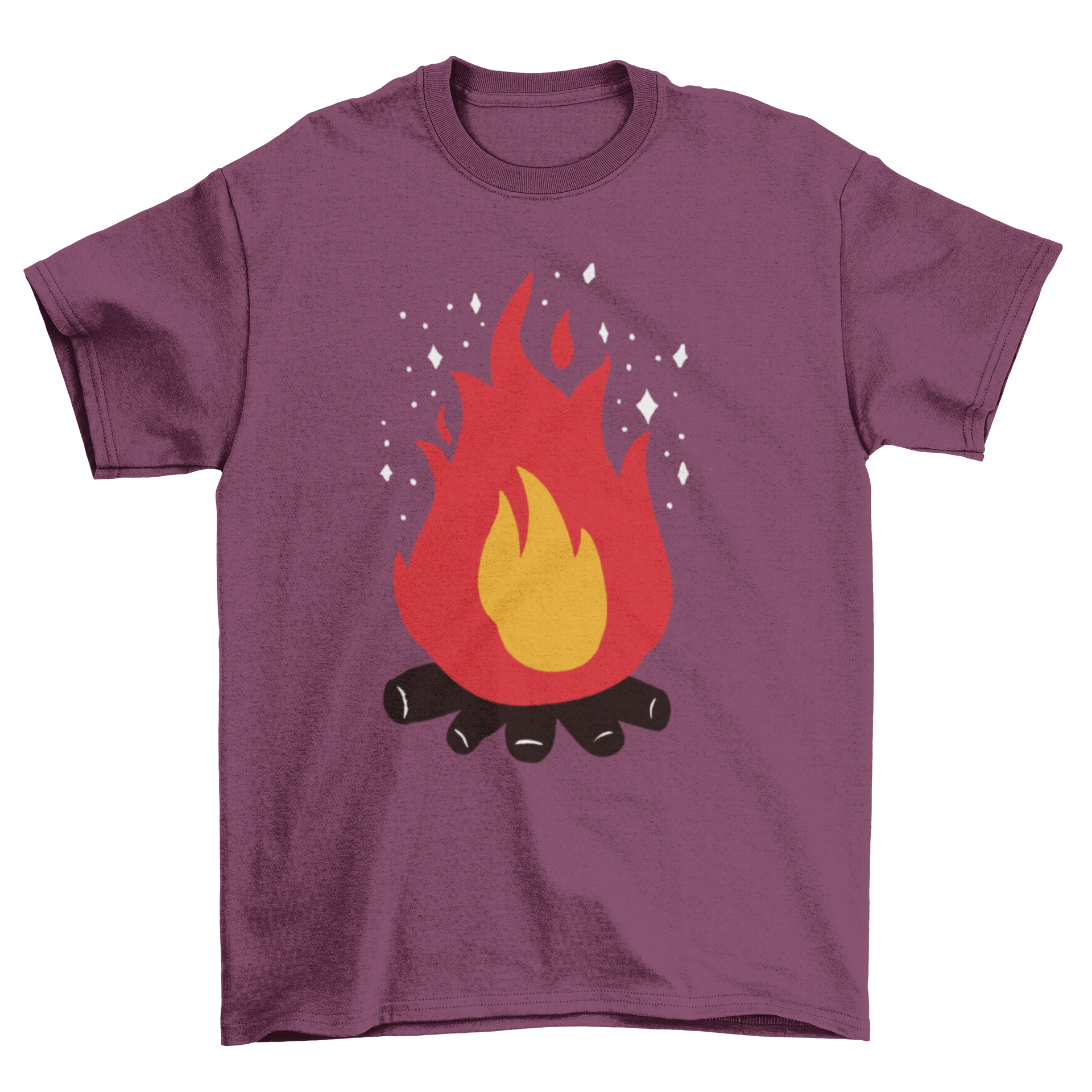 A stylish Bonfire t-shirt featuring a vibrant illustration of a bonfire with sparkles, perfect for outdoor gatherings.