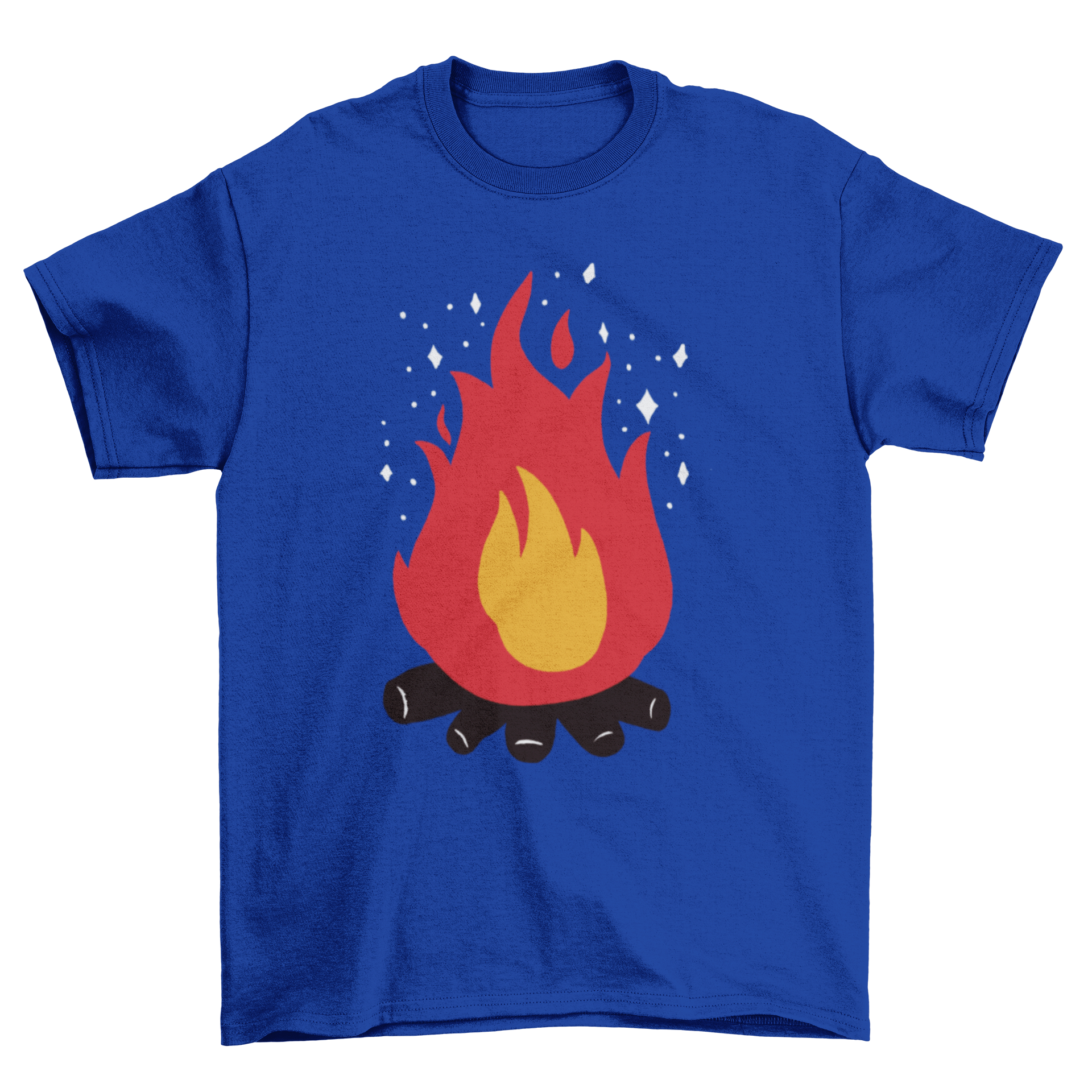 A stylish Bonfire t-shirt featuring a vibrant illustration of a bonfire with sparkles, perfect for outdoor gatherings.