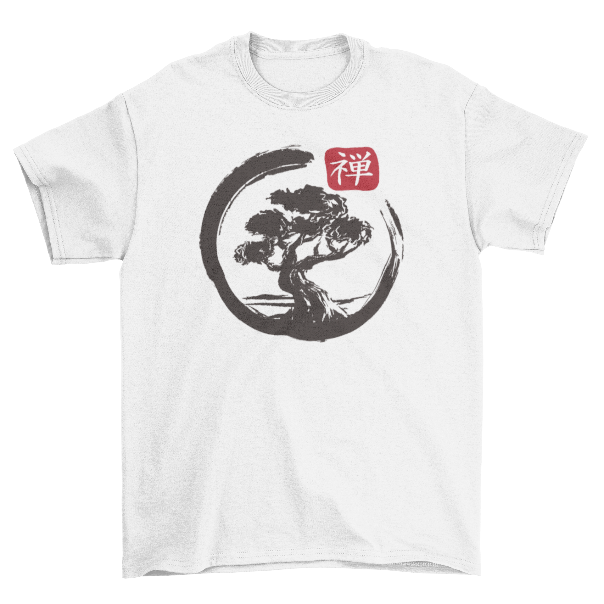 Bonsai Enso T-shirt featuring a bonsai tree inside a Zen enso circle, showcasing a unique and artistic design.