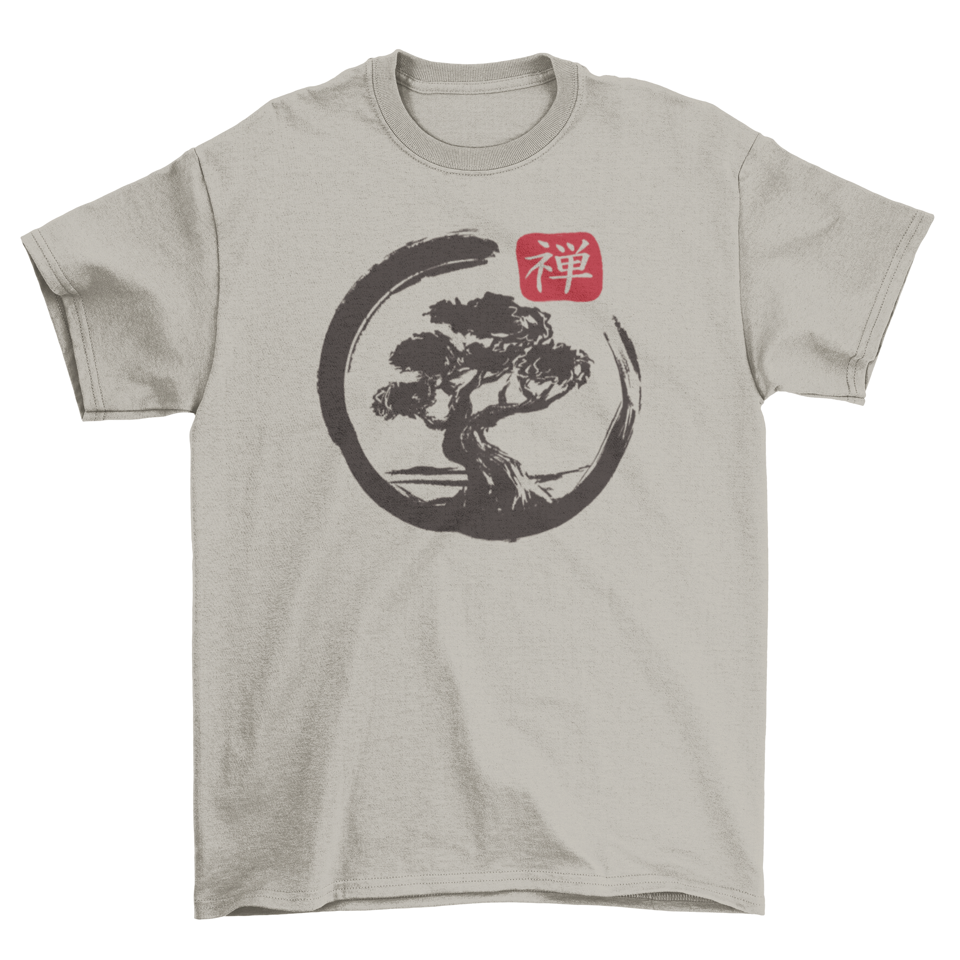 Bonsai Enso T-shirt featuring a bonsai tree inside a Zen enso circle, showcasing a unique and artistic design.