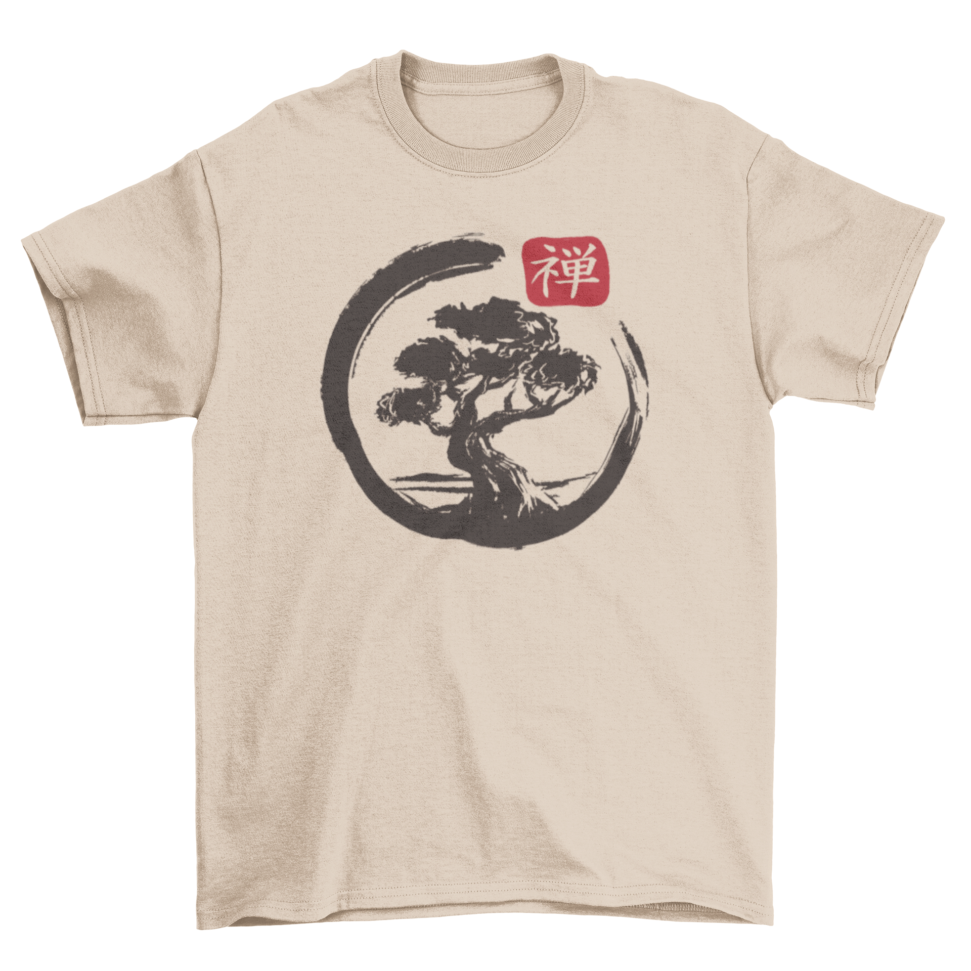 Bonsai Enso T-shirt featuring a bonsai tree inside a Zen enso circle, showcasing a unique and artistic design.