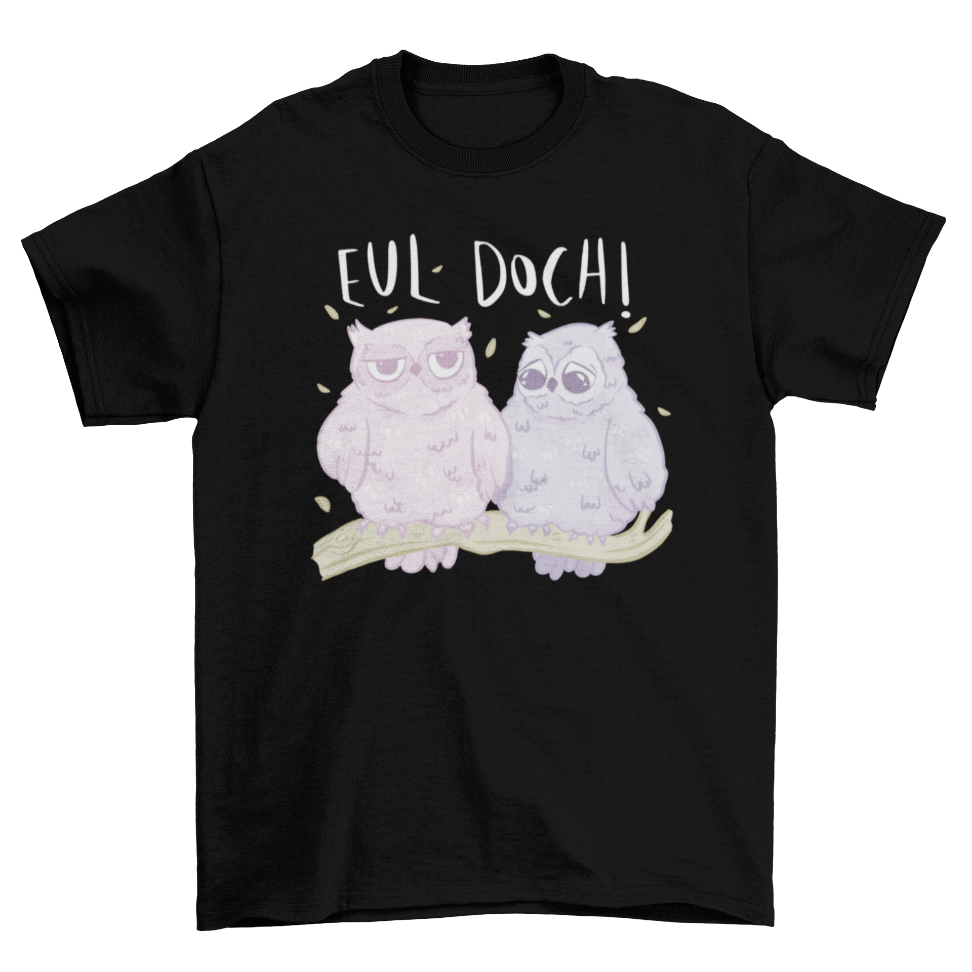 Bored and sad owls t-shirt featuring two owls on a twig, one looking bored and the other sad.