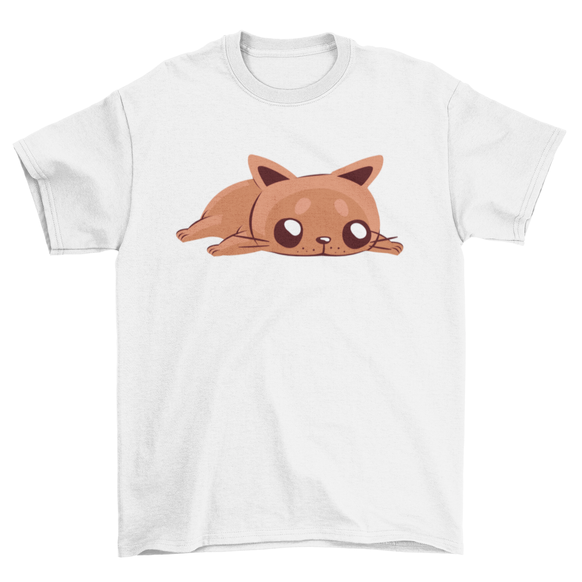 Bored Cat T-shirt featuring a cute cat lying down on the floor, showcasing a playful and relaxed design.