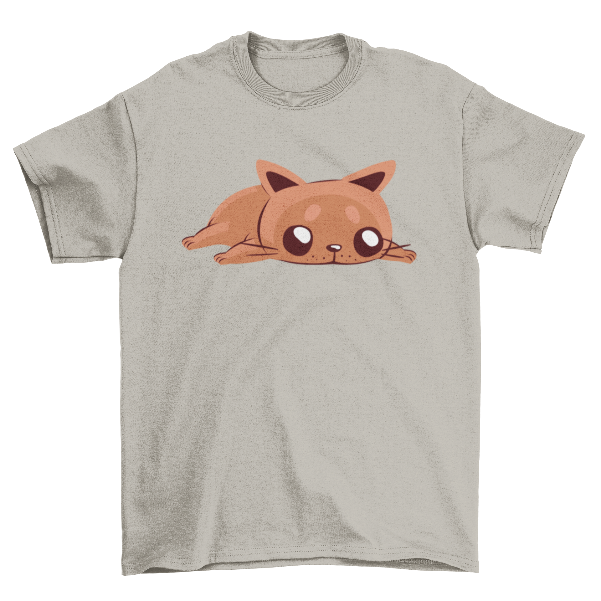 Bored Cat T-shirt featuring a cute cat lying down on the floor, showcasing a playful and relaxed design.