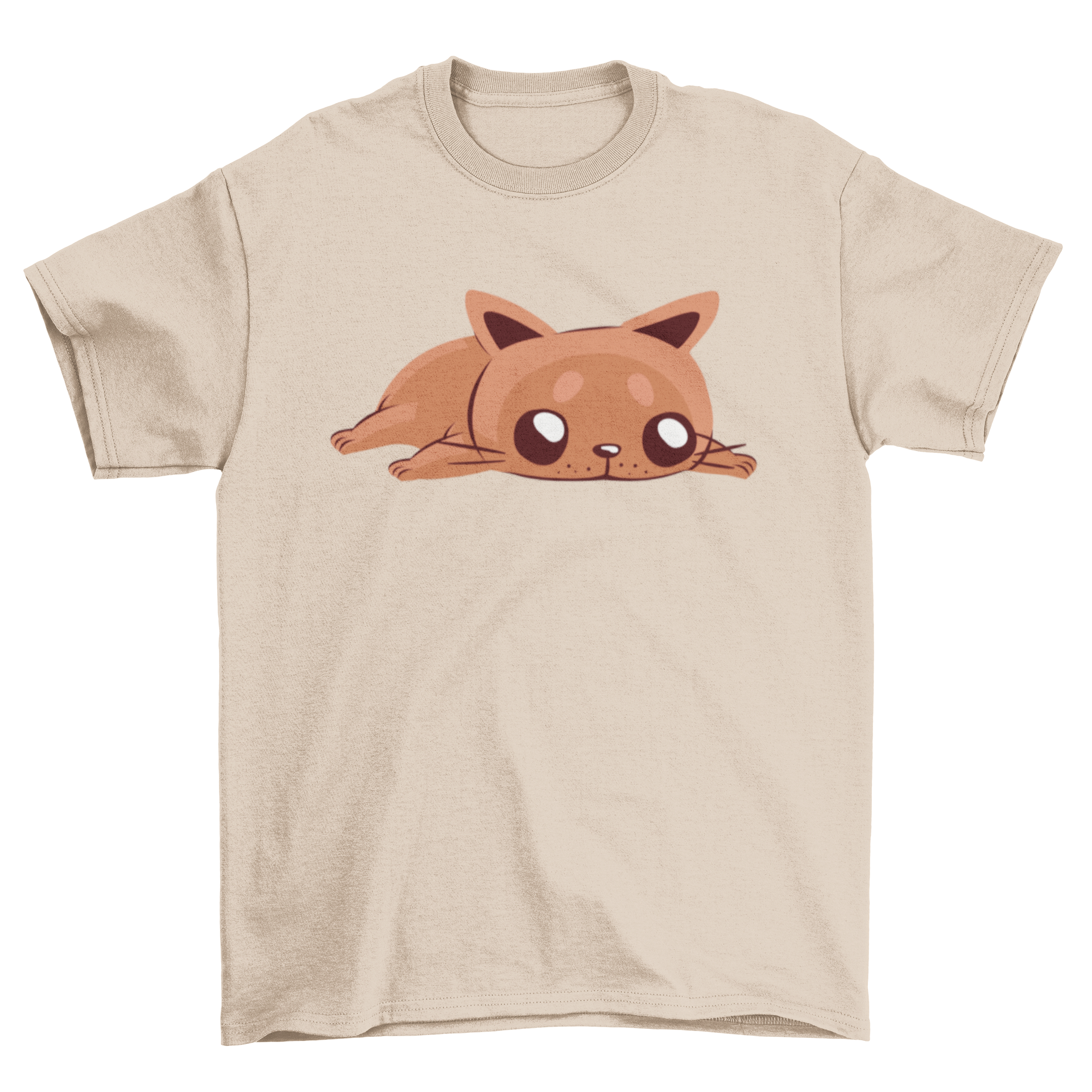 Bored Cat T-shirt featuring a cute cat lying down on the floor, showcasing a playful and relaxed design.