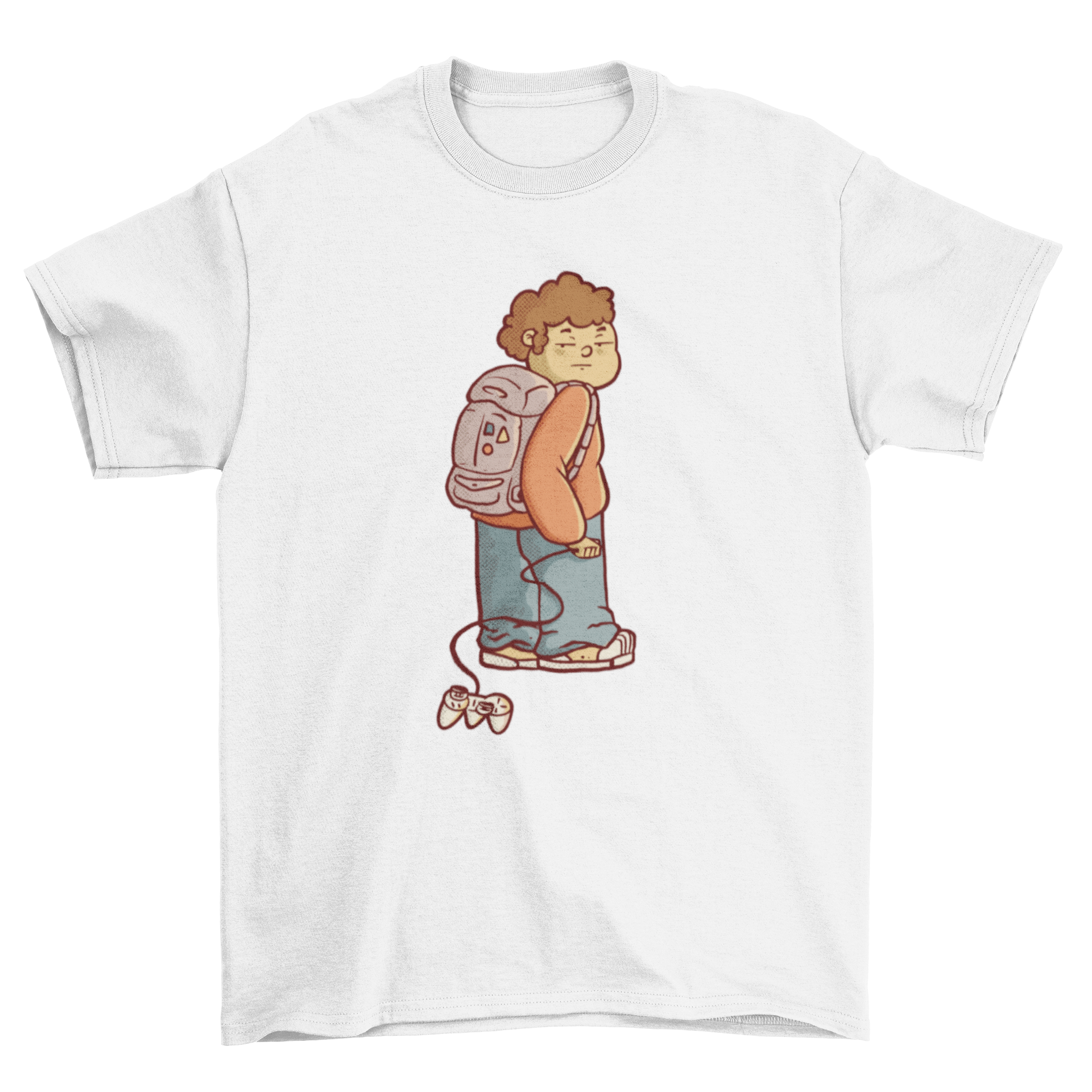 Bored child wearing a backpack, dragging a game controller, featured on a stylish t-shirt.