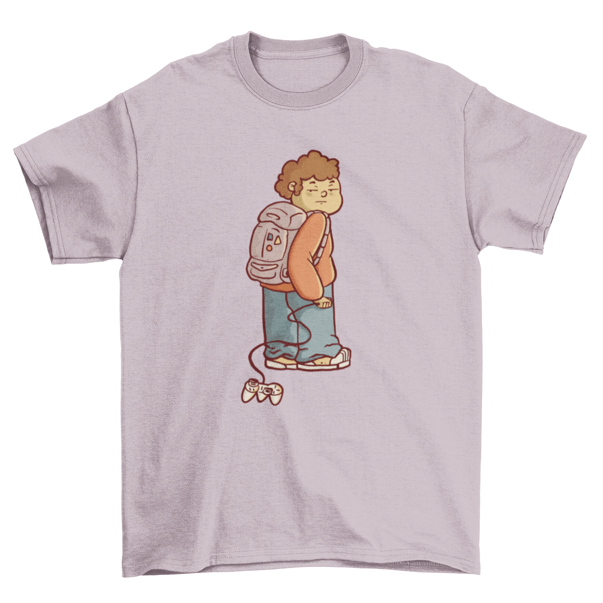 Bored child wearing a backpack, dragging a game controller, featured on a stylish t-shirt.