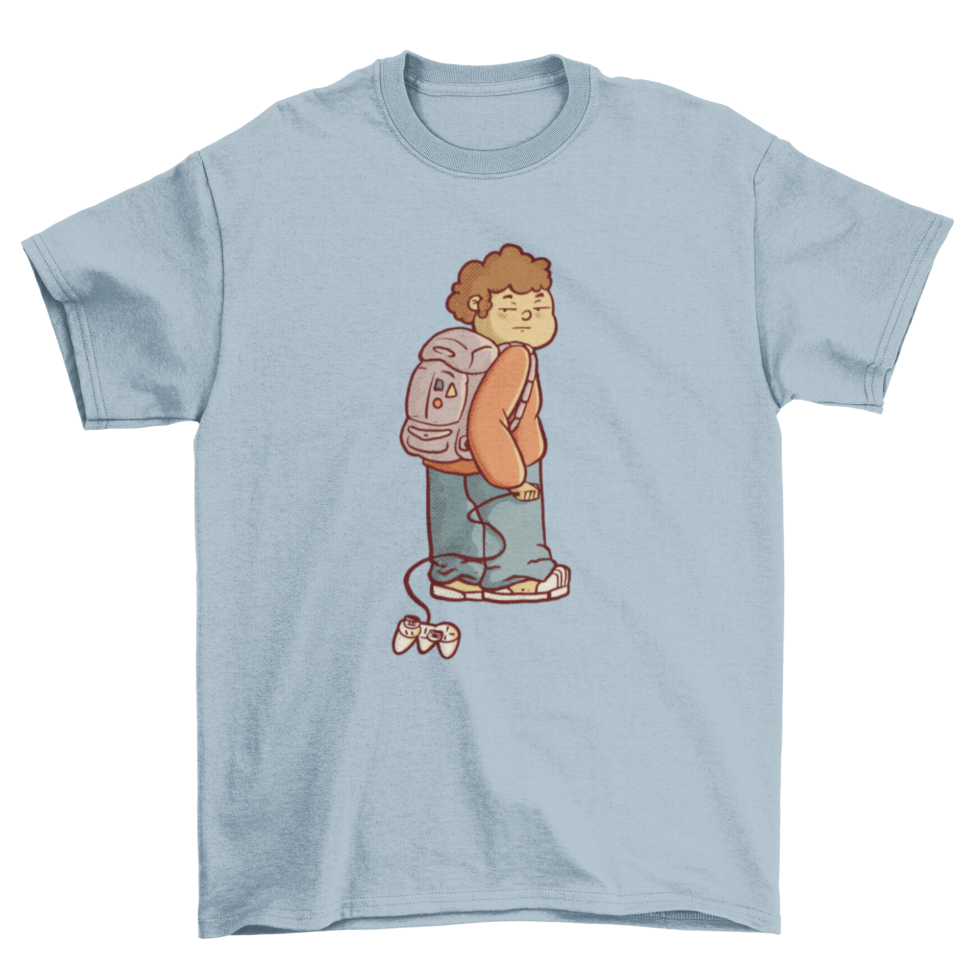 Bored child wearing a backpack, dragging a game controller, featured on a stylish t-shirt.