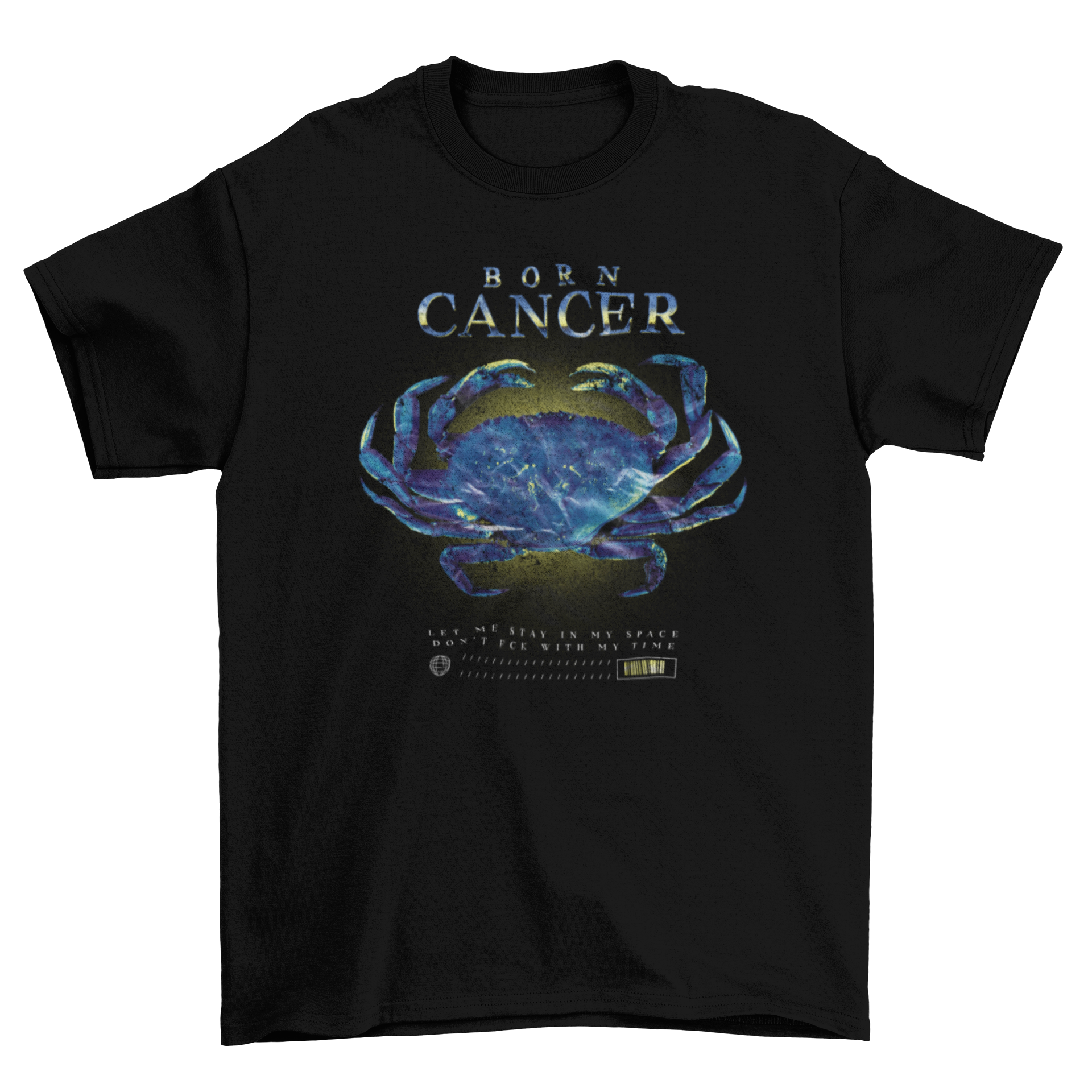 Born Cancer t-shirt featuring a stylish crab design and the quote 'Born Cancer'.