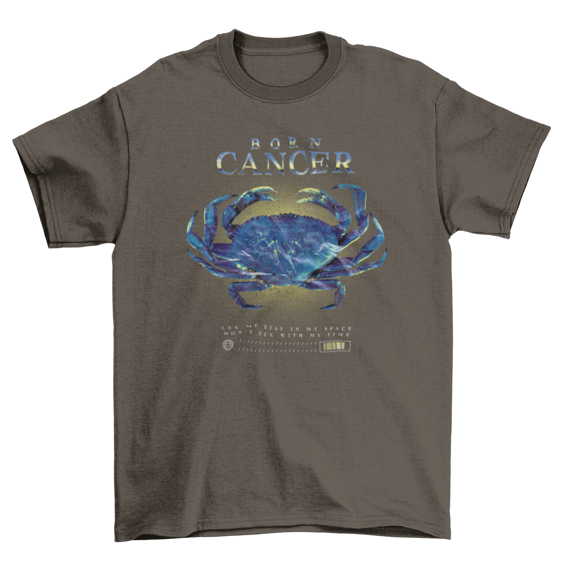 Born Cancer t-shirt featuring a stylish crab design and the quote 'Born Cancer'.