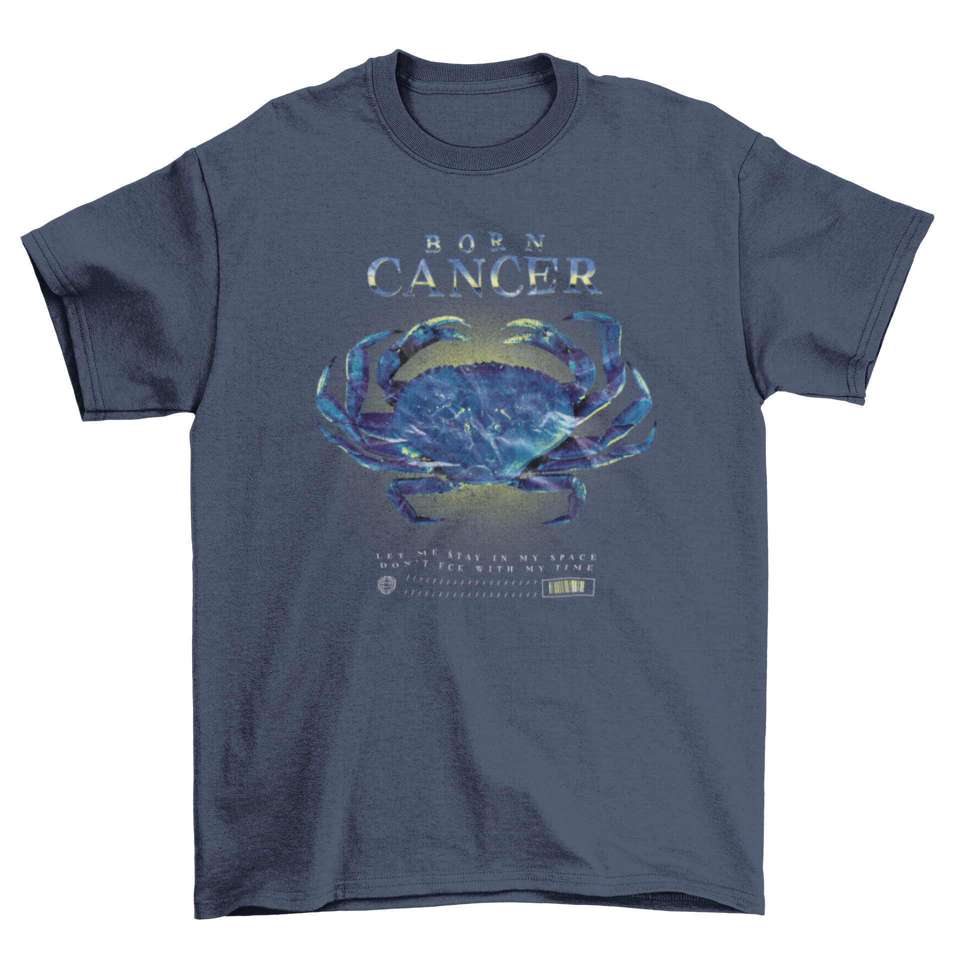 Born Cancer t-shirt featuring a stylish crab design and the quote 'Born Cancer'.