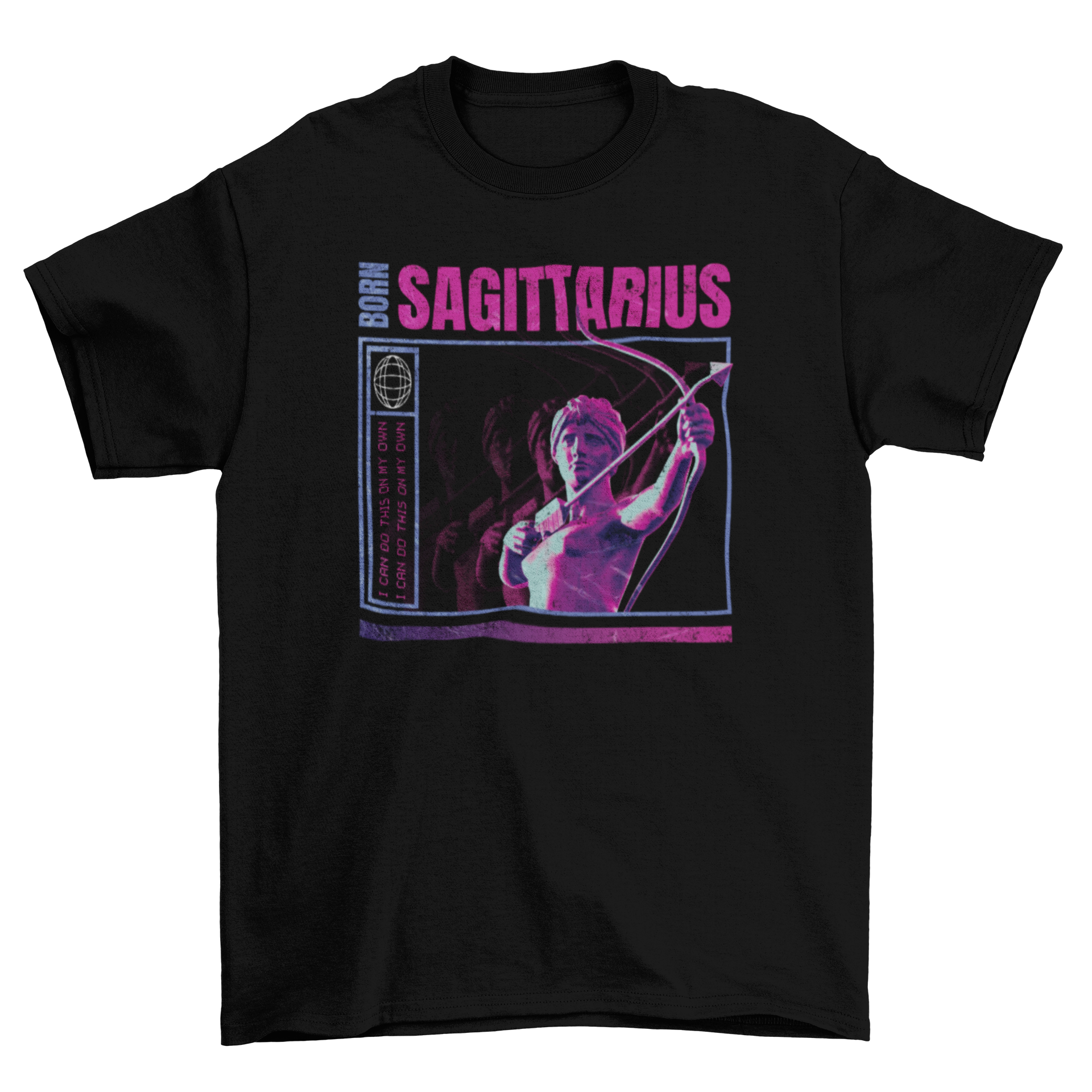 Born Sagittarius t-shirt design featuring a statue and zodiac quote.