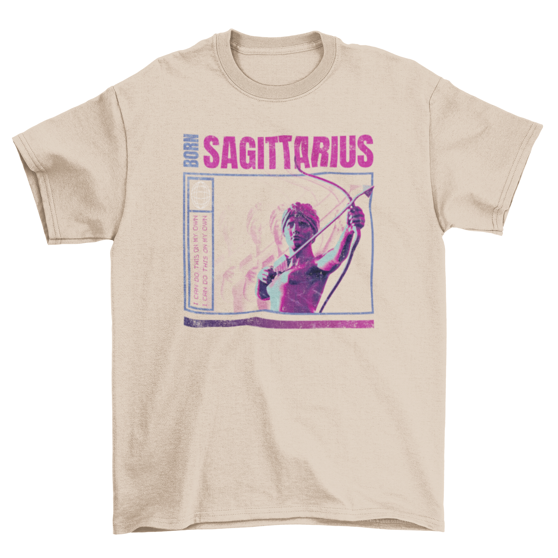 Born Sagittarius t-shirt design featuring a statue and zodiac quote.