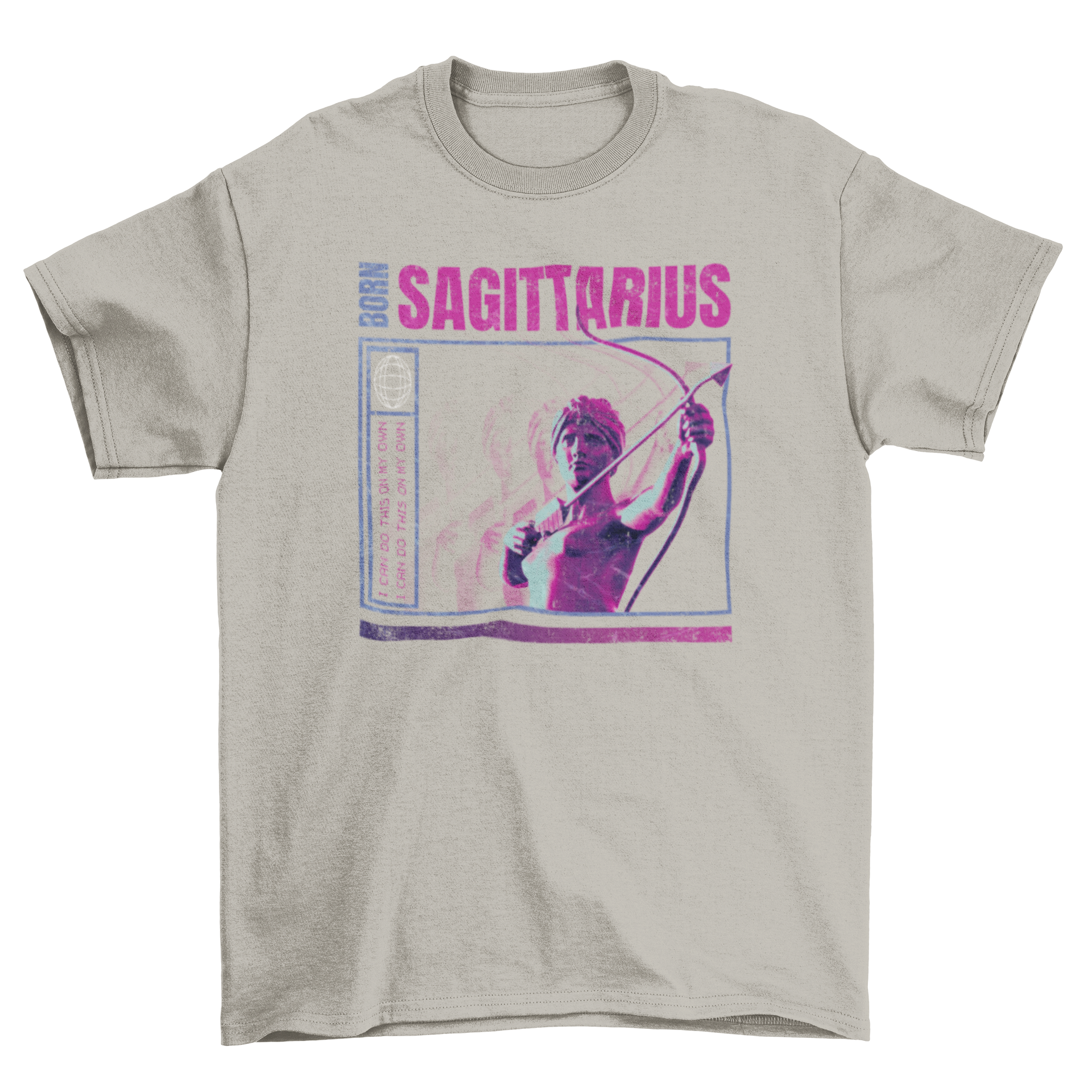 Born Sagittarius t-shirt design featuring a statue and zodiac quote.