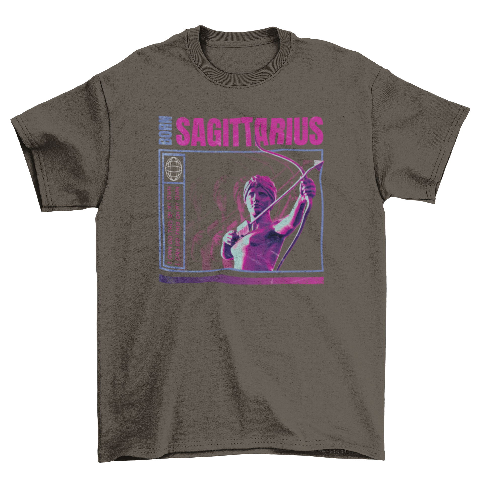 Born Sagittarius t-shirt design featuring a statue and zodiac quote.