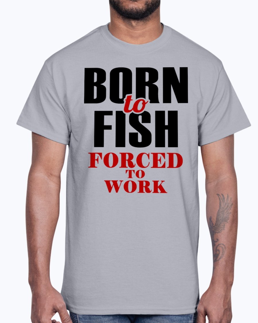 Born To Fish Cotton Tee in various colors, showcasing a fishing-themed design, perfect for fishing enthusiasts.