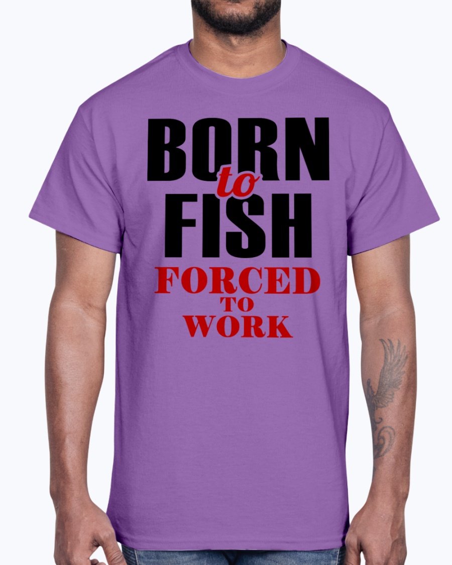 Born To Fish Cotton Tee in various colors, showcasing a fishing-themed design, perfect for fishing enthusiasts.