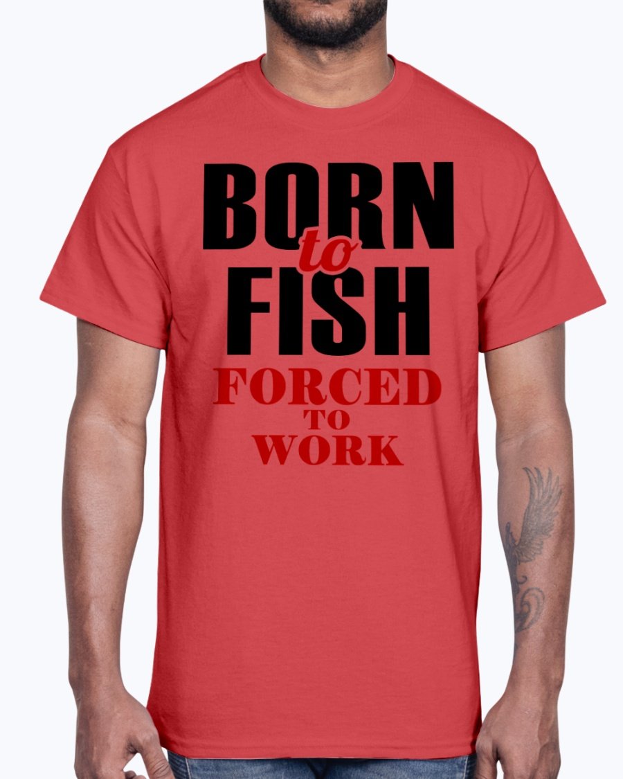 Born To Fish Cotton Tee in various colors, showcasing a fishing-themed design, perfect for fishing enthusiasts.