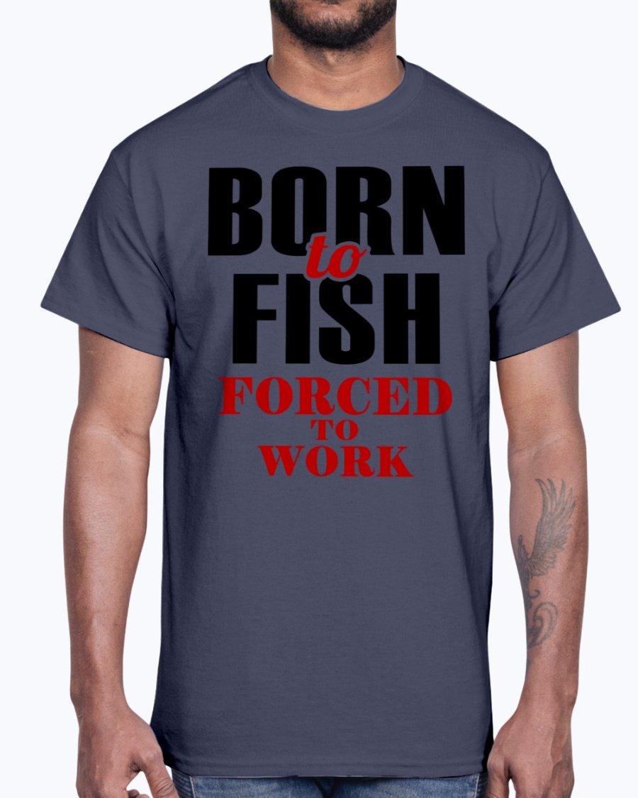 Born To Fish Cotton Tee in various colors, showcasing a fishing-themed design, perfect for fishing enthusiasts.