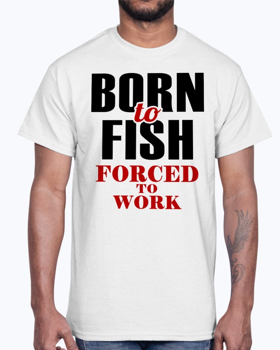 Born To Fish Cotton Tee in various colors, showcasing a fishing-themed design, perfect for fishing enthusiasts.