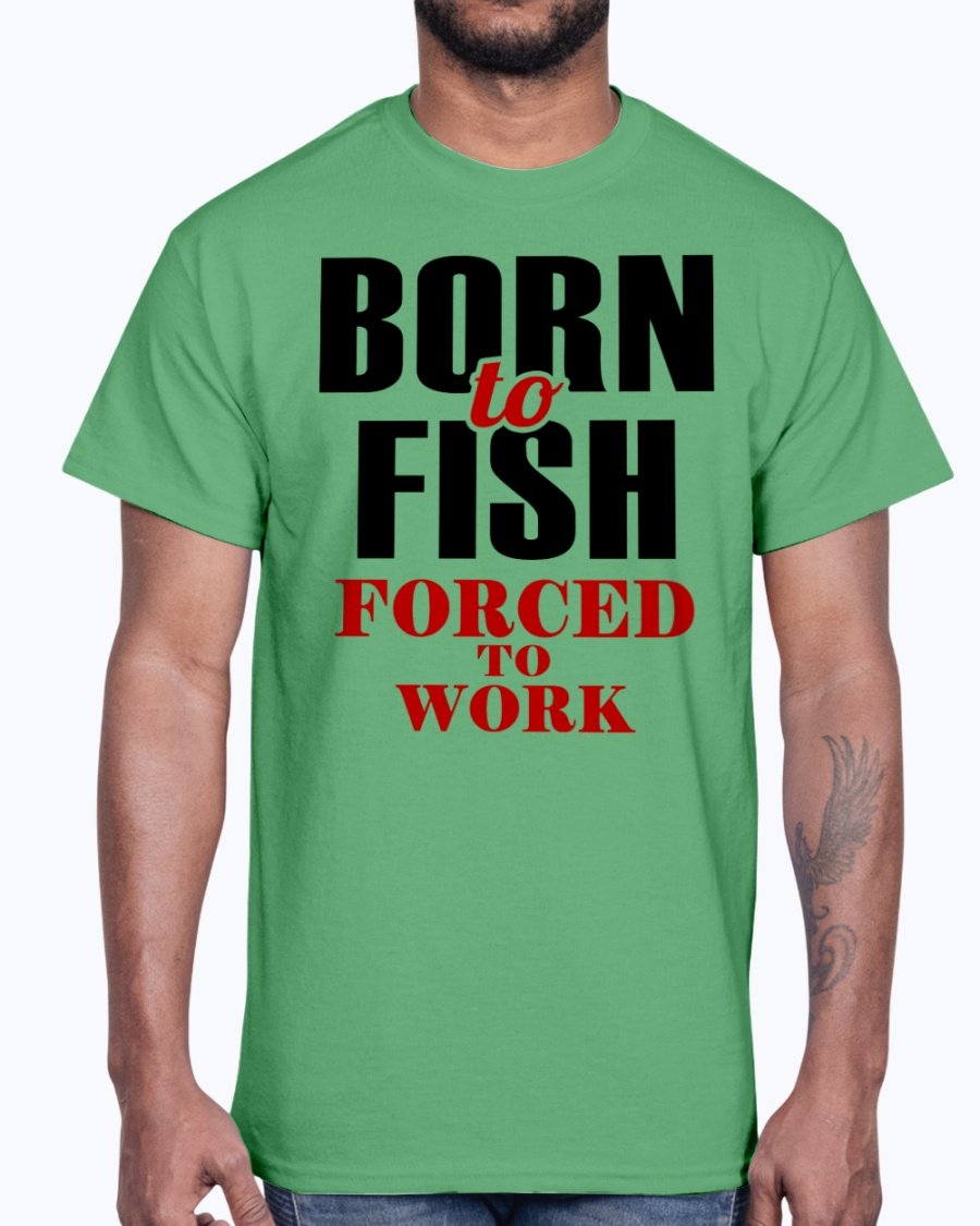 Born To Fish Cotton Tee in various colors, showcasing a fishing-themed design, perfect for fishing enthusiasts.