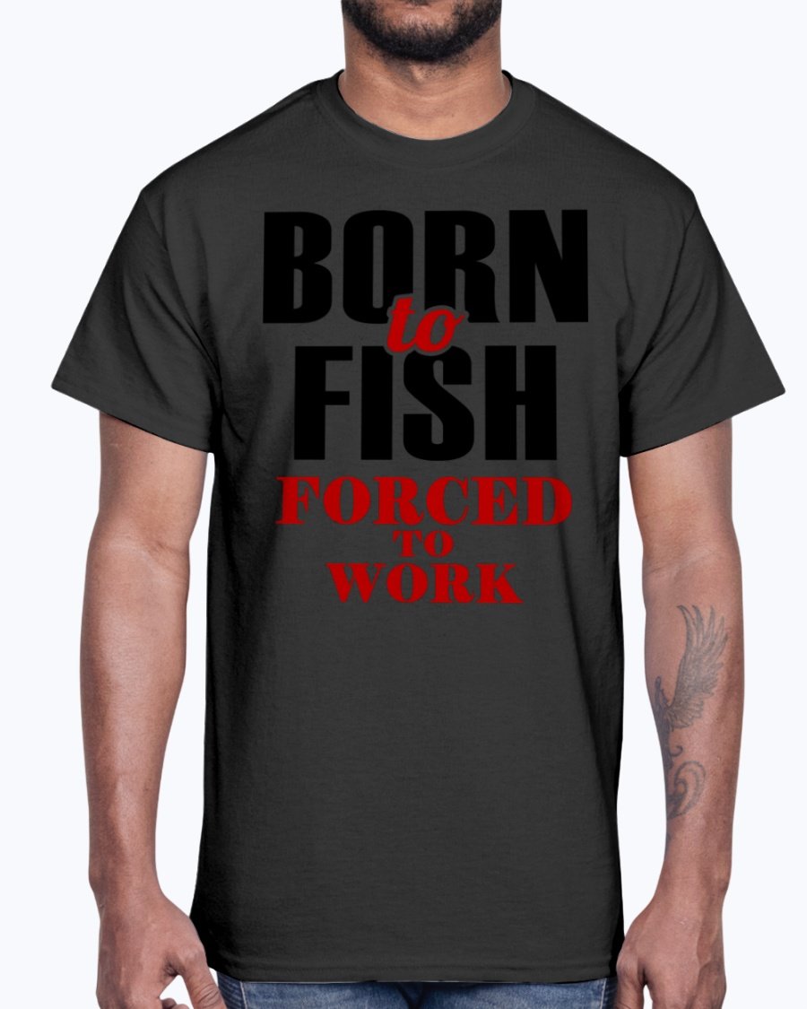 Born To Fish Cotton Tee in various colors, showcasing a fishing-themed design, perfect for fishing enthusiasts.