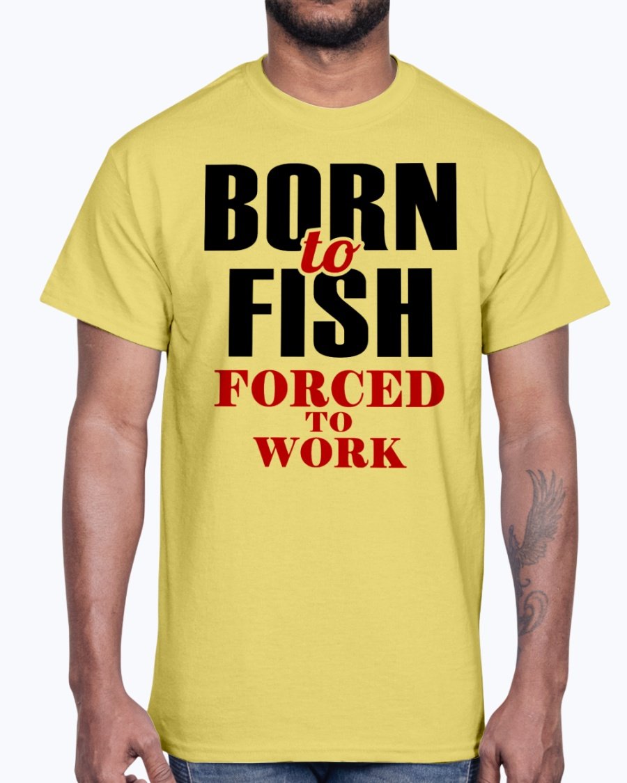 Born To Fish Cotton Tee in various colors, showcasing a fishing-themed design, perfect for fishing enthusiasts.