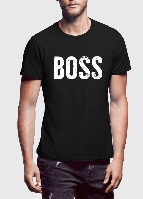 A stylish Boss Half Sleeves T-shirt made from 100% cotton, featuring vibrant designs and available in multiple colors including black, white, and navy blue.