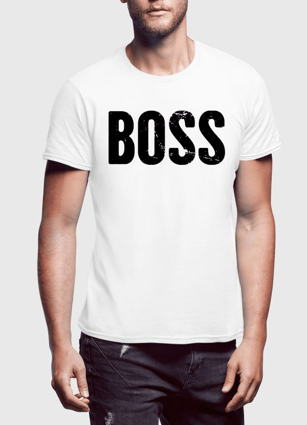 A stylish Boss Half Sleeves T-shirt made from 100% cotton, featuring vibrant designs and available in multiple colors including black, white, and navy blue.