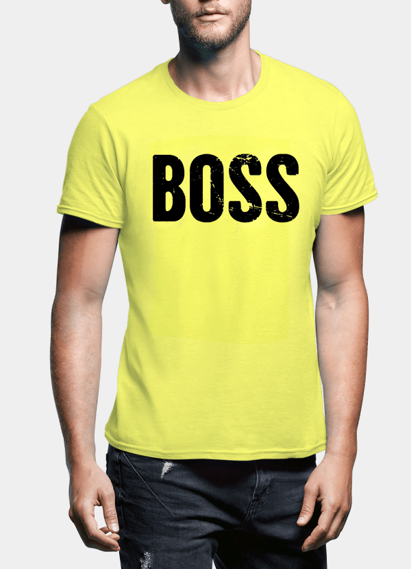 A stylish Boss Half Sleeves T-shirt made from 100% cotton, featuring vibrant designs and available in multiple colors including black, white, and navy blue.