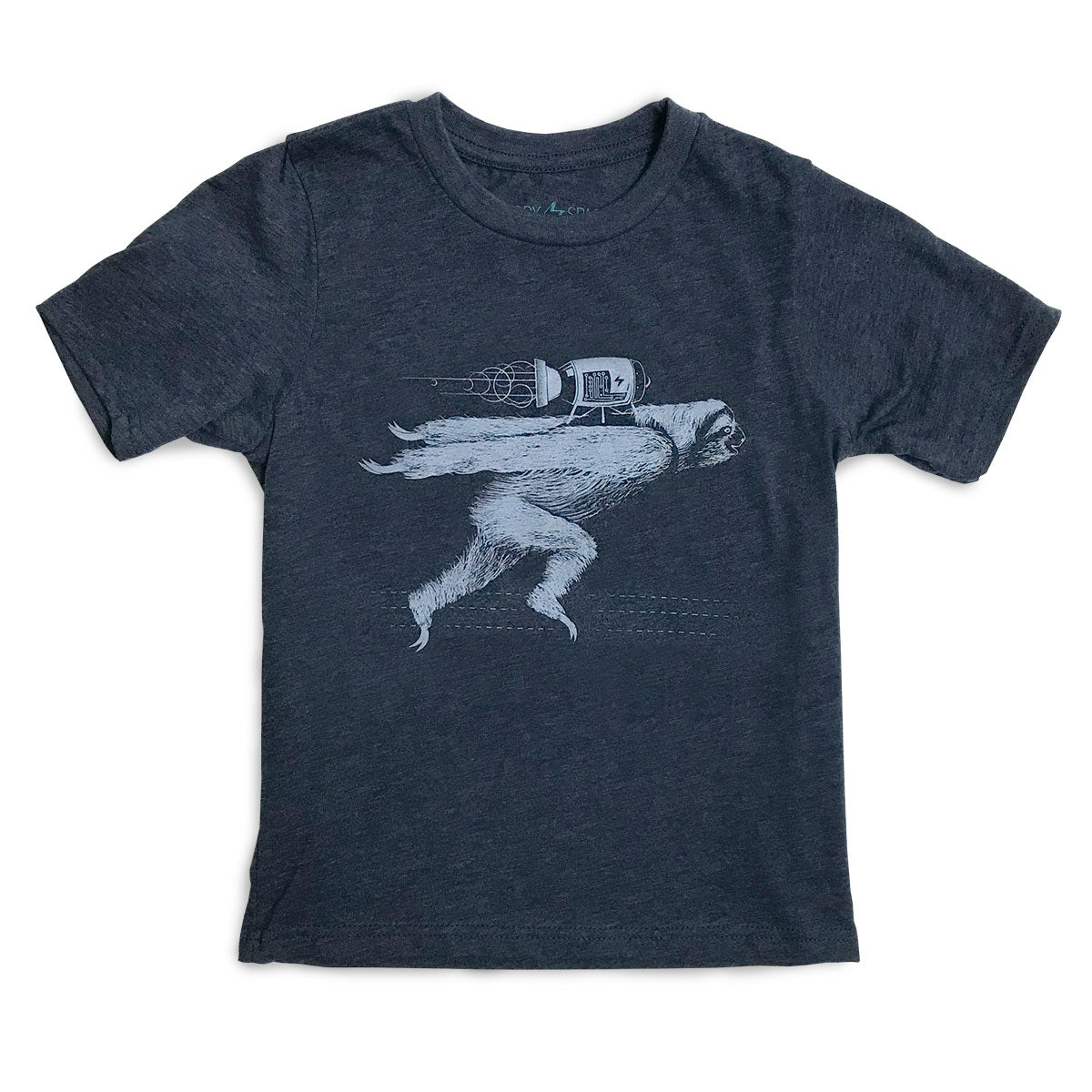 Boooost Kids T-Shirt featuring a playful rocket sloth design on a dark heather navy background, perfect for inspiring adventure in children.