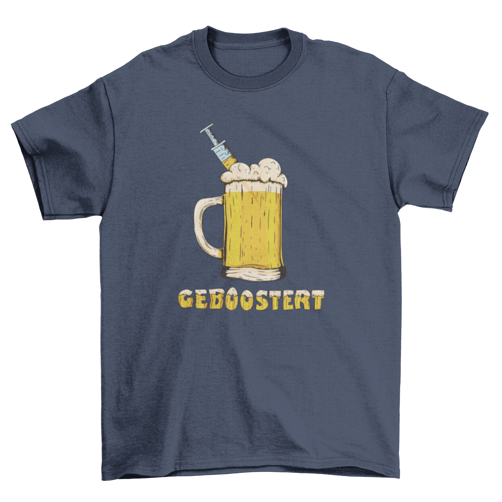 Boosted Beer T-shirt featuring a beer chop and vaccine design with the German quote 'Boosted'.