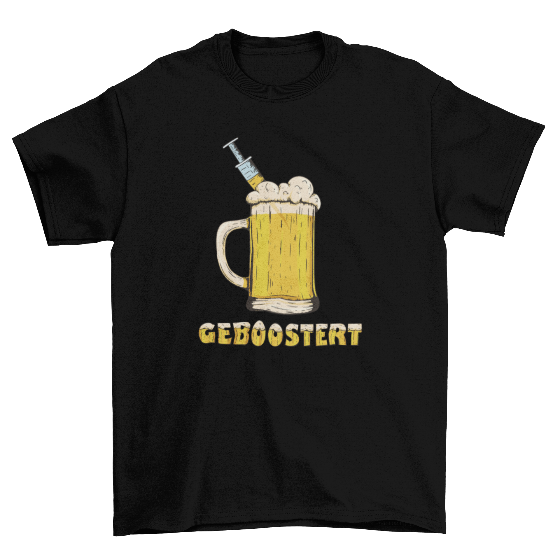 Boosted Beer T-shirt featuring a beer chop and vaccine design with the German quote 'Boosted'.