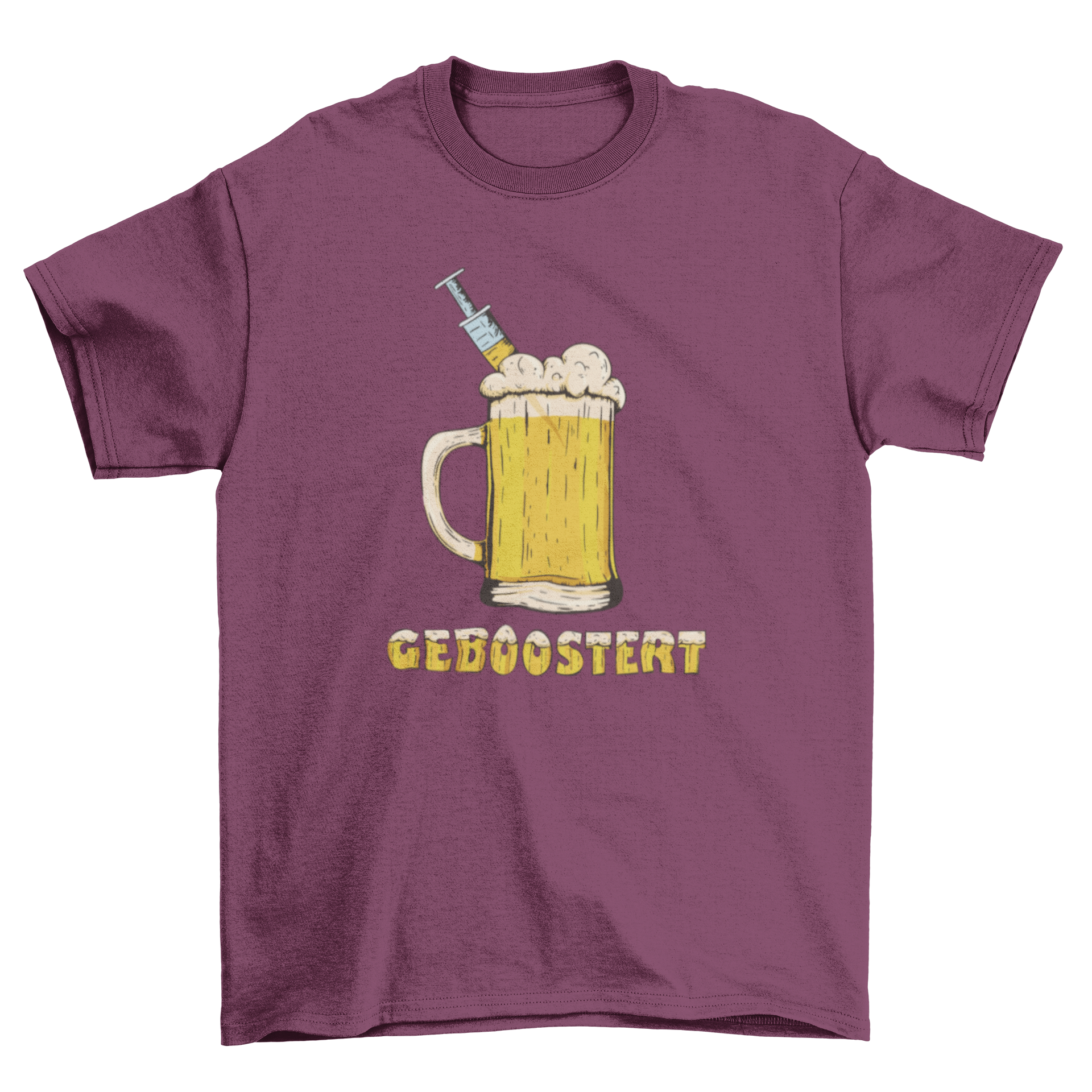 Boosted Beer T-shirt featuring a beer chop and vaccine design with the German quote 'Boosted'.