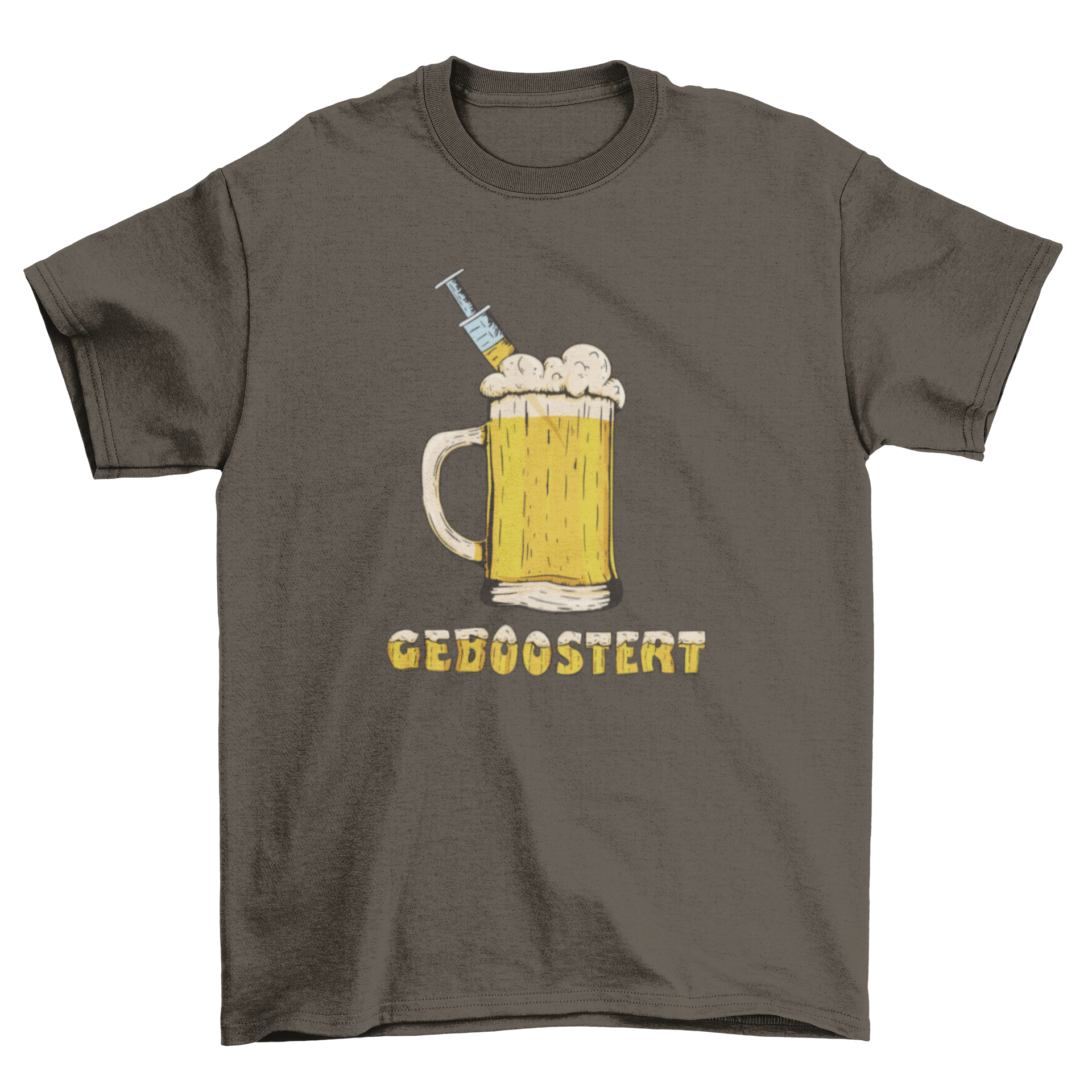 Boosted Beer T-shirt featuring a beer chop and vaccine design with the German quote 'Boosted'.