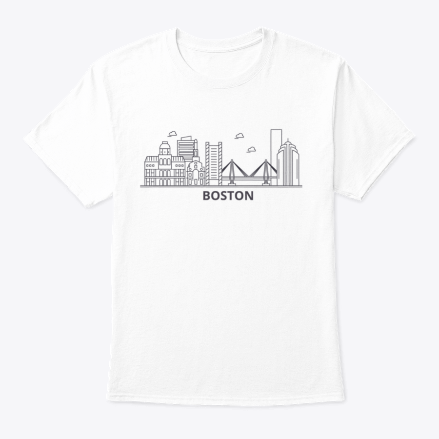 A stylish shirt featuring a detailed illustration of the Boston skyline, showcasing iconic buildings and structures.