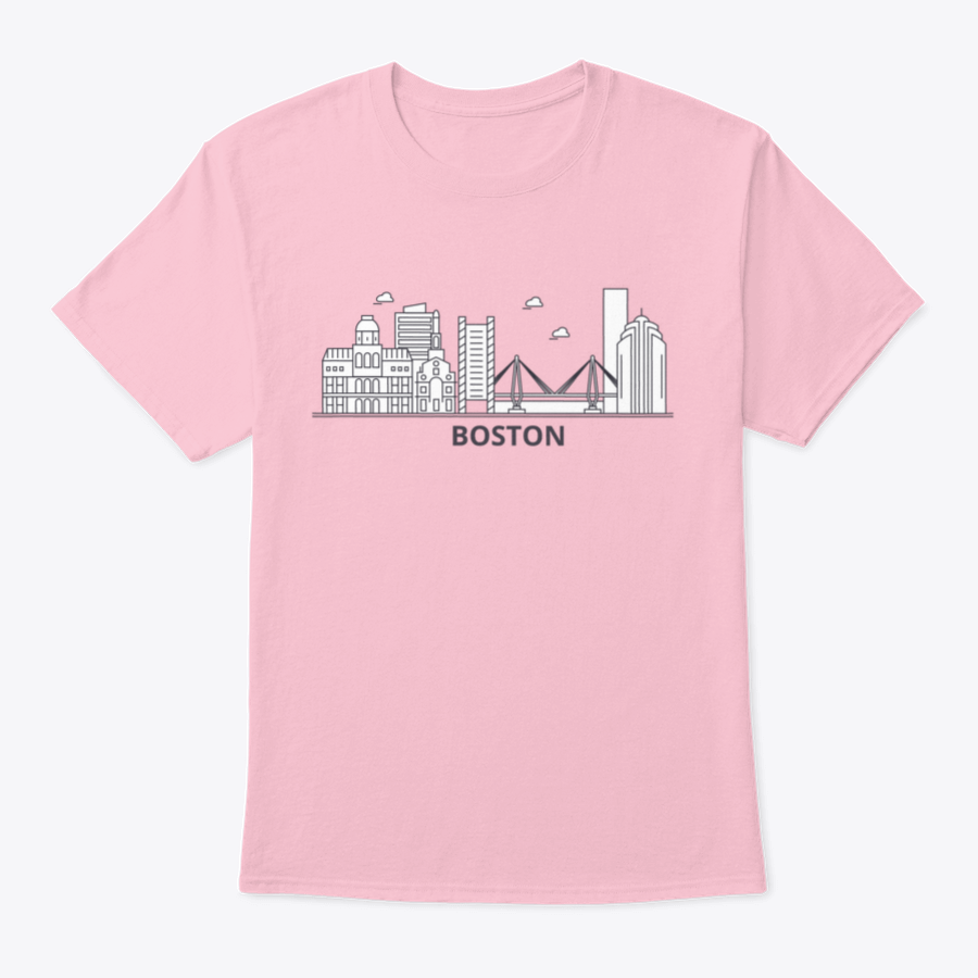 A stylish shirt featuring a detailed illustration of the Boston skyline, showcasing iconic buildings and structures.