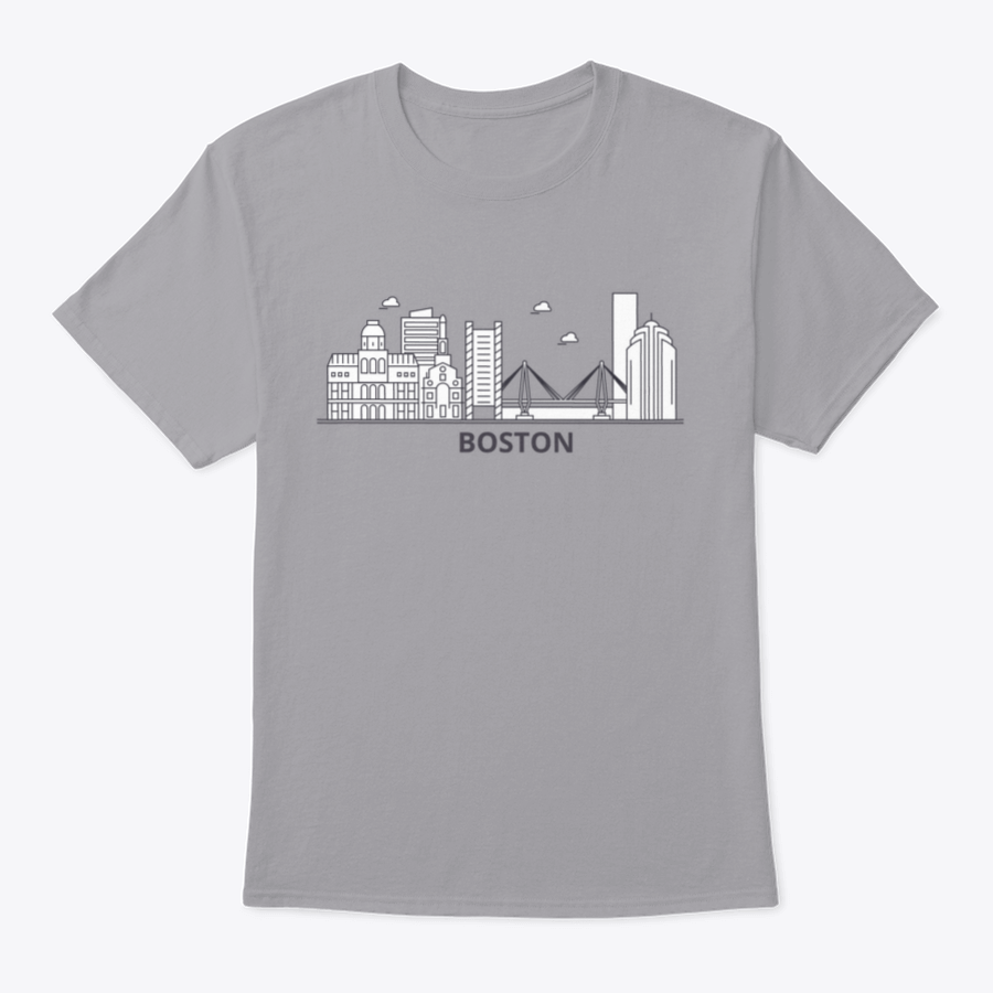 A stylish shirt featuring a detailed illustration of the Boston skyline, showcasing iconic buildings and structures.