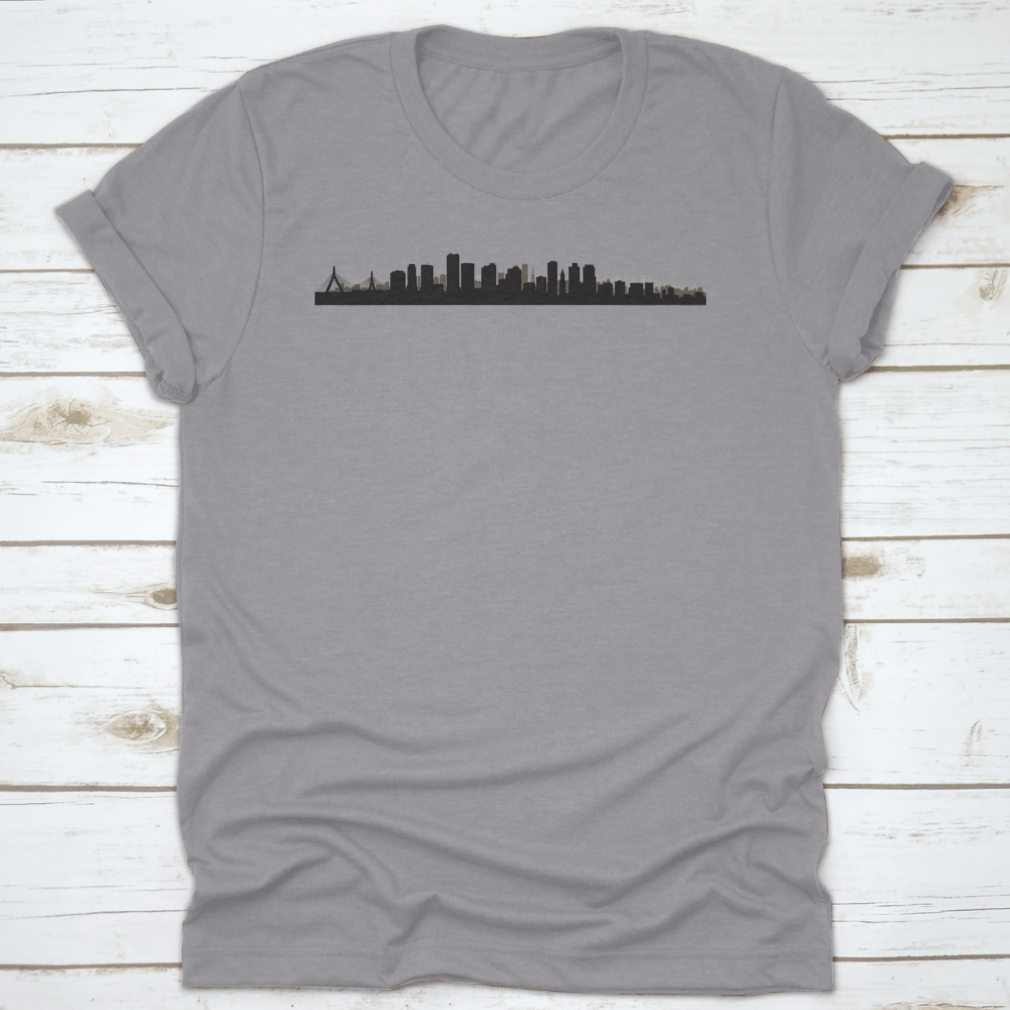 A panoramic view of the Boston skyline, showcasing iconic buildings and cityscape, printed on a comfortable t-shirt.