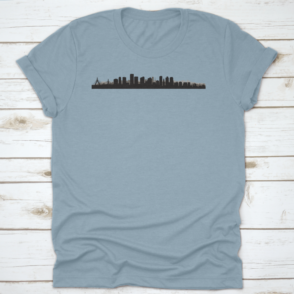 A panoramic view of the Boston skyline, showcasing iconic buildings and cityscape, printed on a comfortable t-shirt.